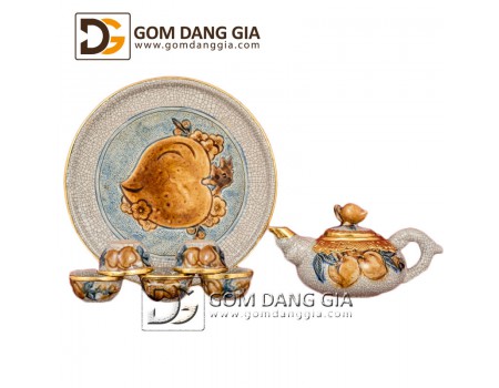 Bộ trà thờ men rạn cổ bọc đồng đắp nổi Bộ trà thờ men rạn cổ bọc đồng đắp nổi